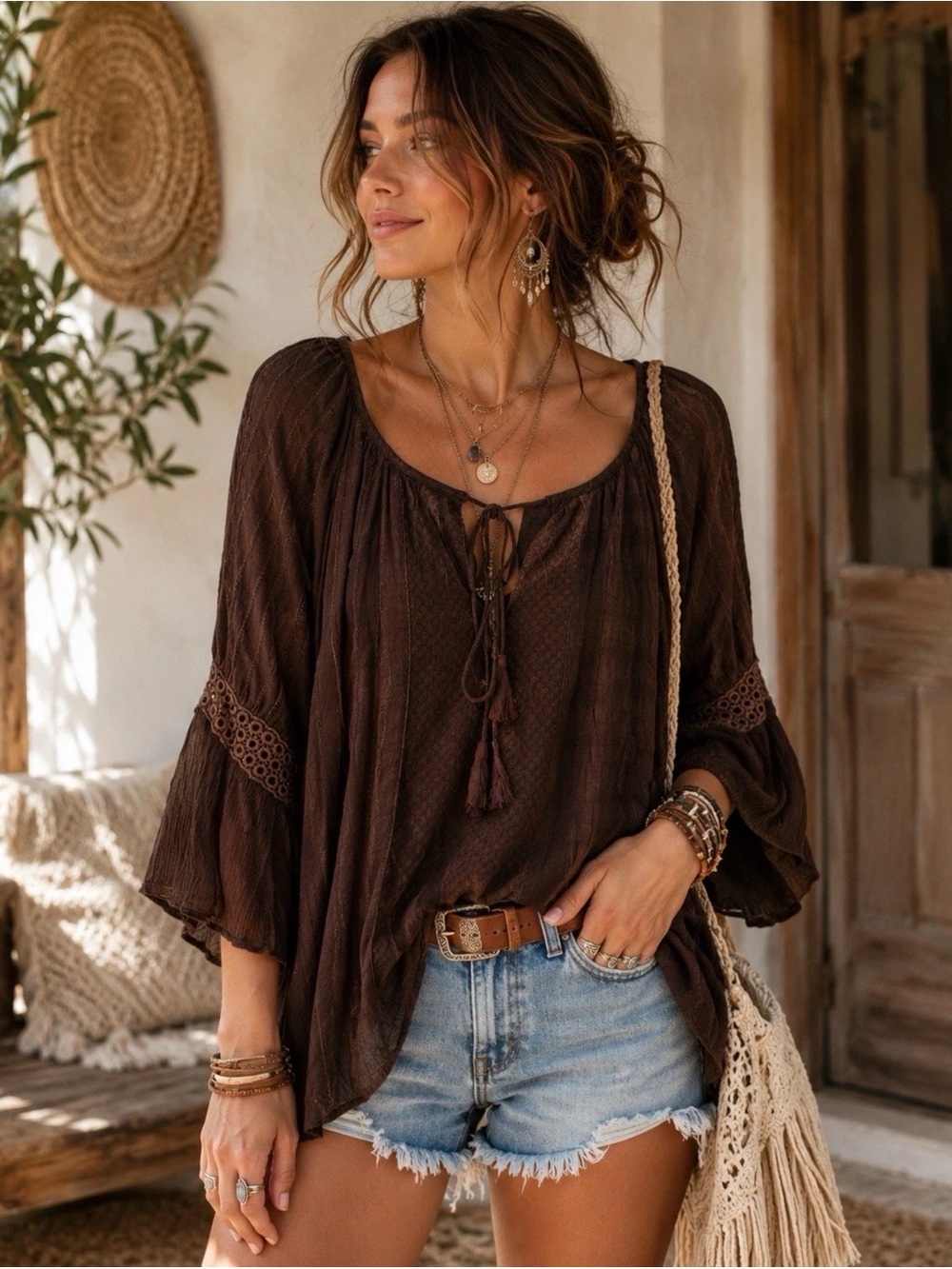 Young Threads NWT Brown Boho Patchwork Peasant Blouse - Size Medium